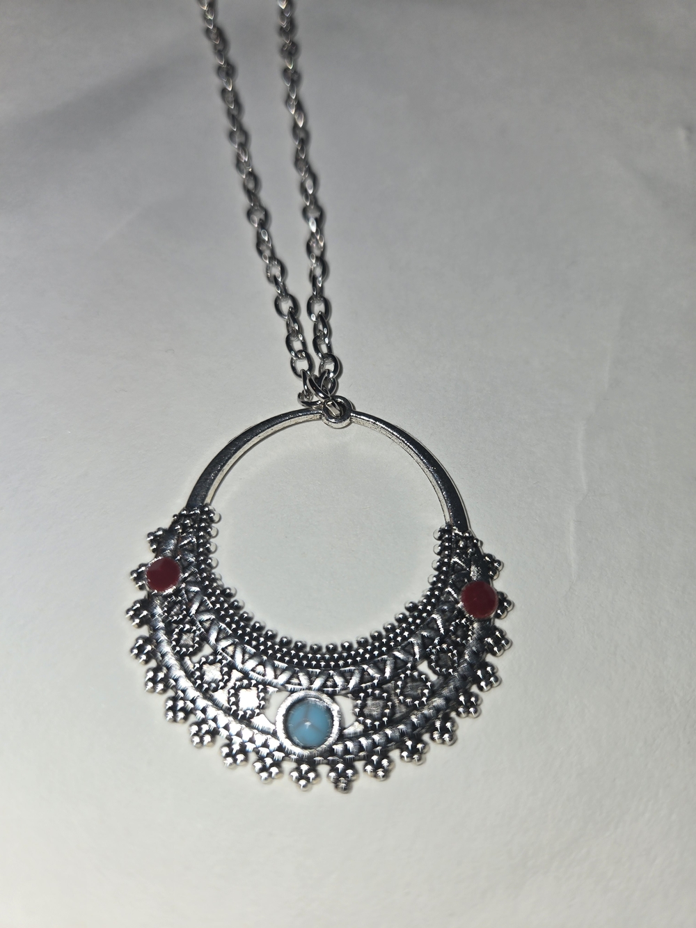 Boho Vintage Tibetan Silver Turquoise Coral Crescent Moon Statement Necklace